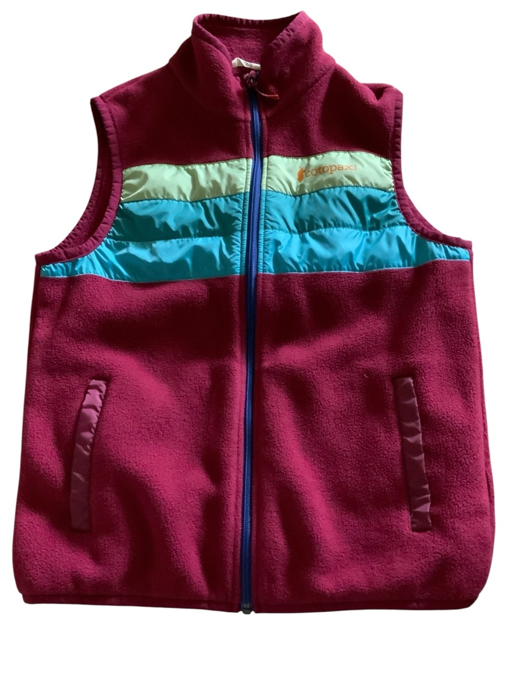 Cotopaxi Women's Fleece Vest in Berry with Aqua & Mint Panels MEDIUM